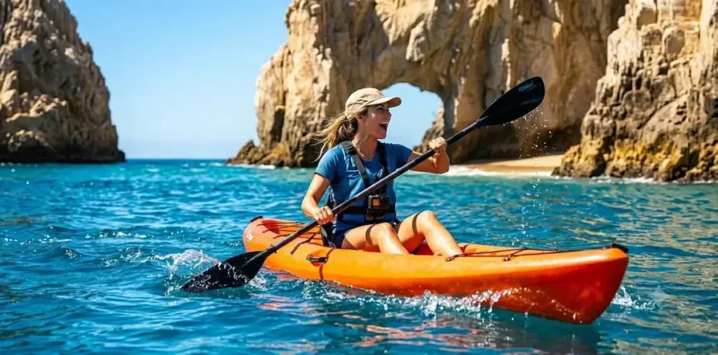 Traveler exploring rocky coastline by kayak