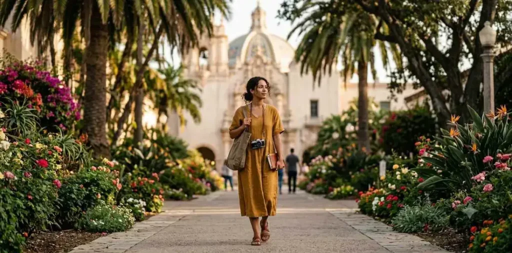 Traveler admiring historic gardens in Balboa Park
