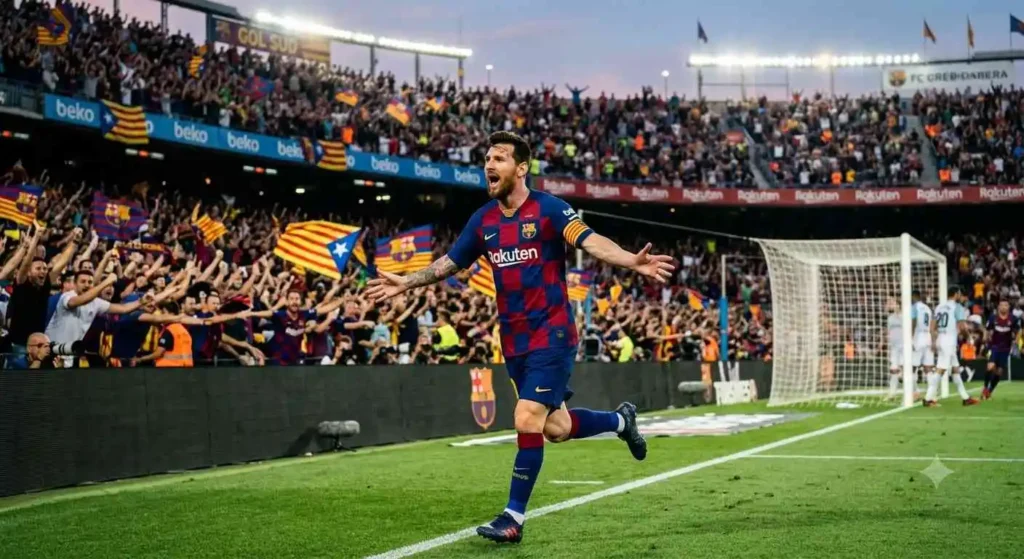 Lionel Messi celebrating in a Barcelona jersey at Camp Nou