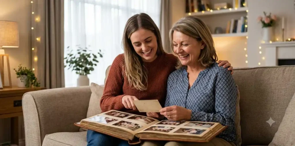 Mother and daughter looking through birthday photo album