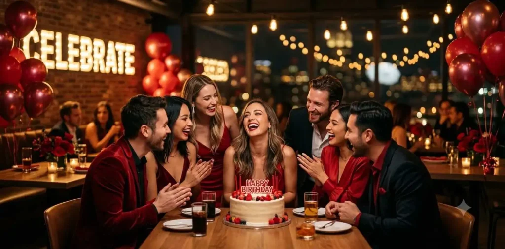 Friends celebrating birthday party with red decorations