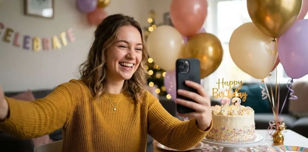 Girl taking a birthday selfie with balloons