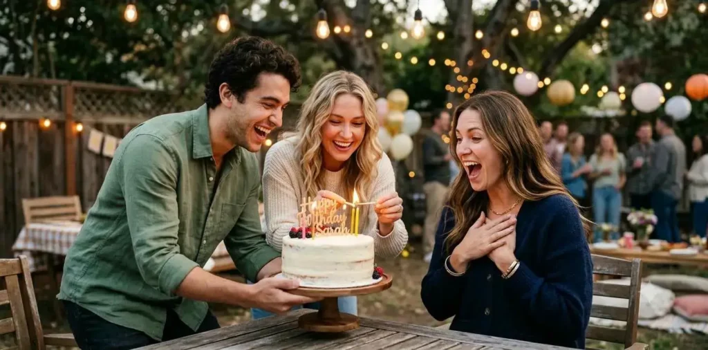 Siblings celebrating birthday together with cake