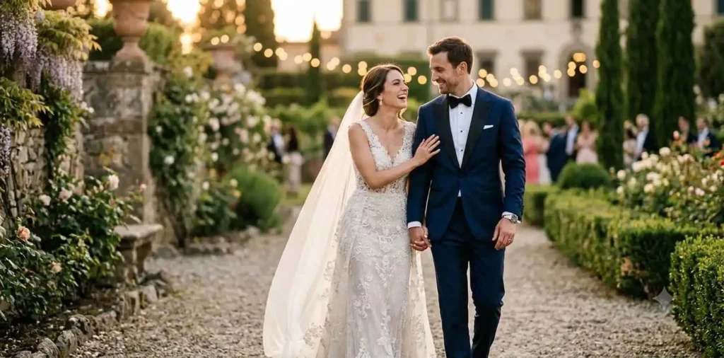Bride and groom sharing romantic wedding moment