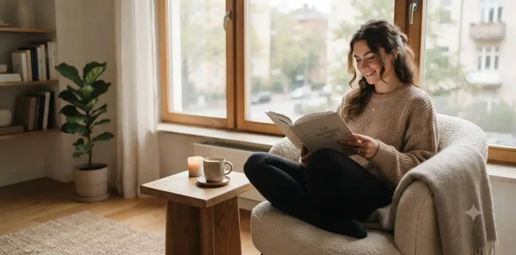 Woman relaxing with coffee by a bright window