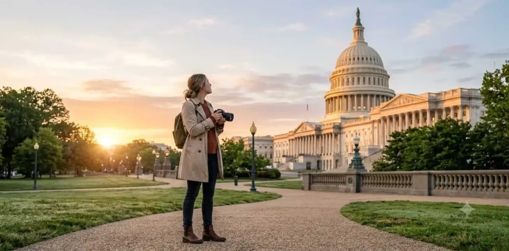Traveler admiring the Capitol building at sunrise