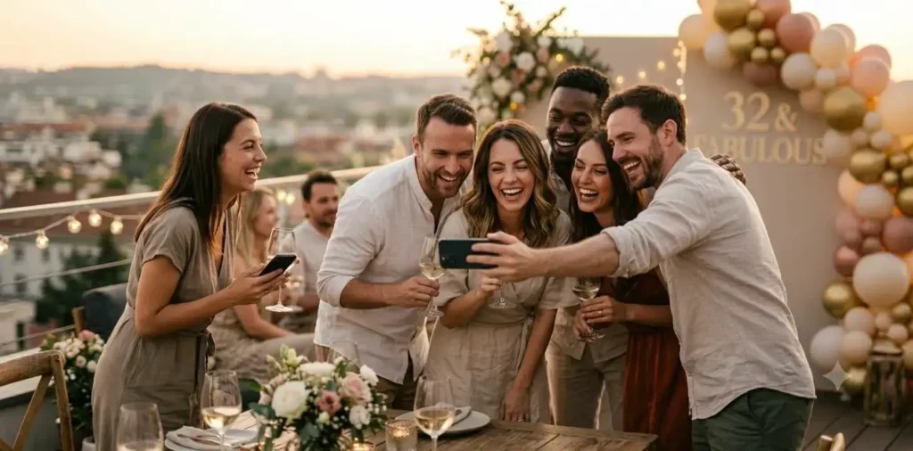 Friends laughing together at a birthday celebration