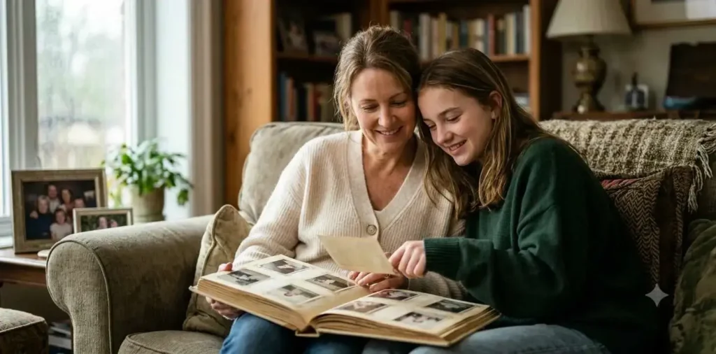 Mother and daughter looking through old photos