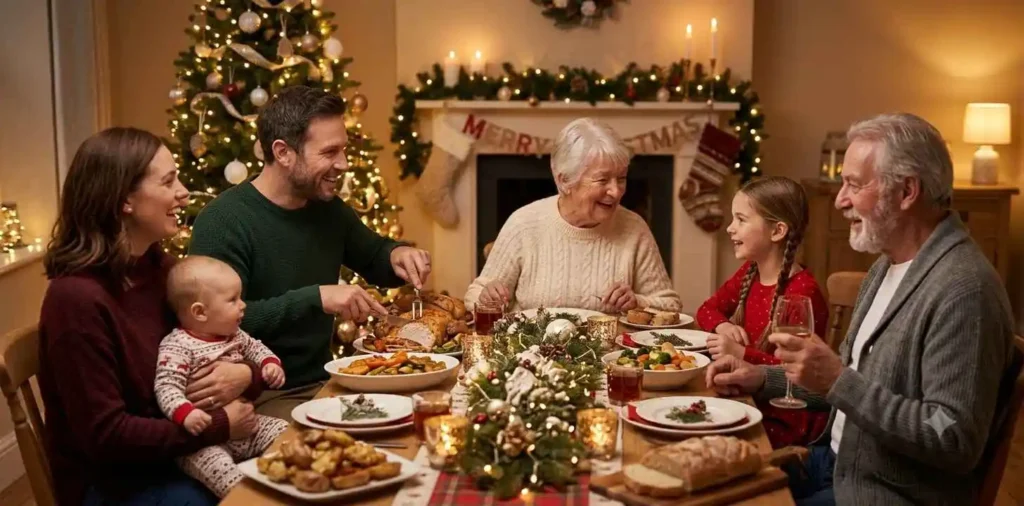 Family laughing around a decorated Christmas tree