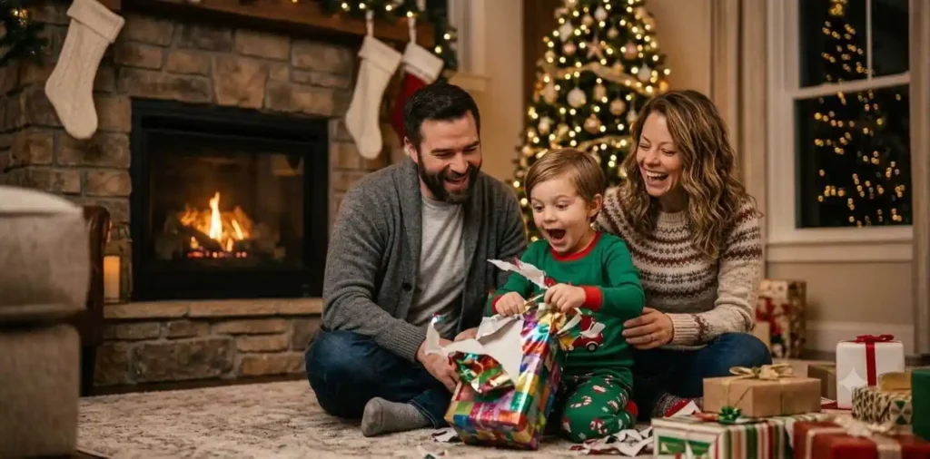 Child opening a Christmas present with smiling parents