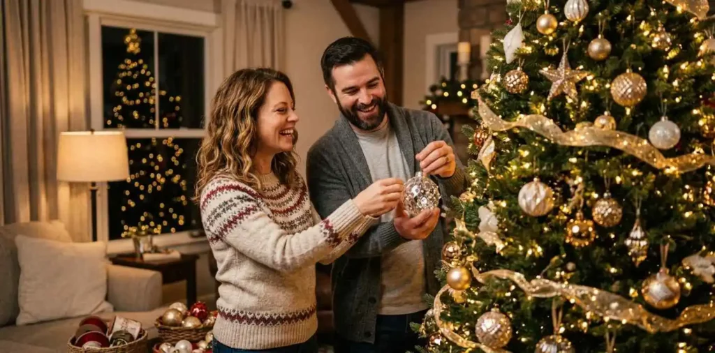 Family decorating a glowing Christmas tree together