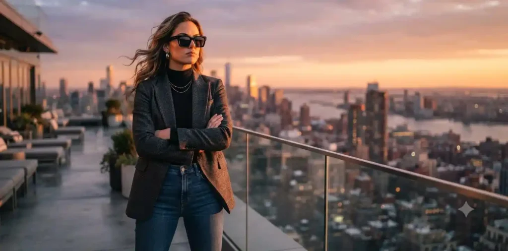 Confident woman posing on rooftop at sunset