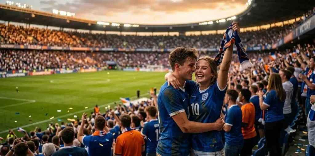 Couple smiling together at a football stadium