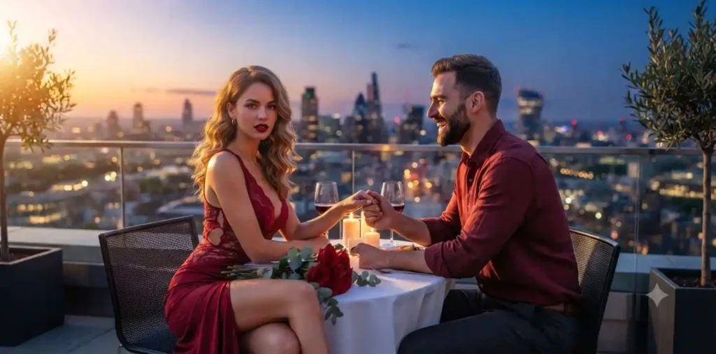 Couple holding hands in coordinated red outfits
