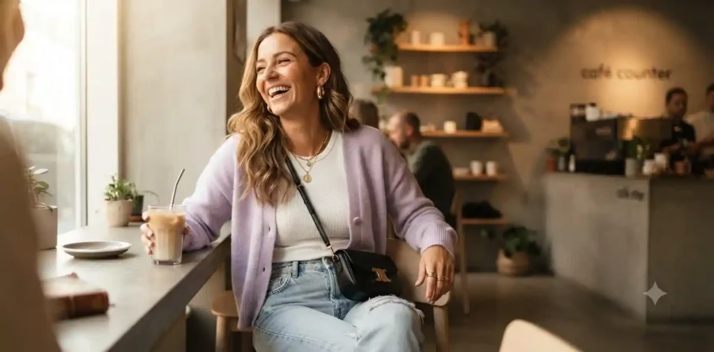 Fashionable woman smiling in modern cafΓ©