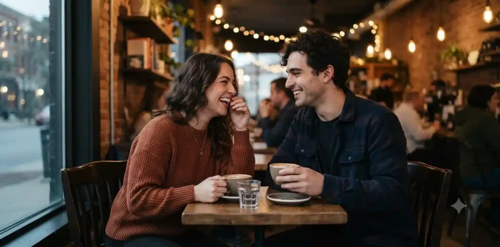Couple enjoying coffee at a cozy cafΓ©