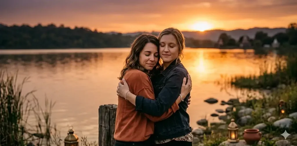 Sisters embracing beside a lakeside at sunset