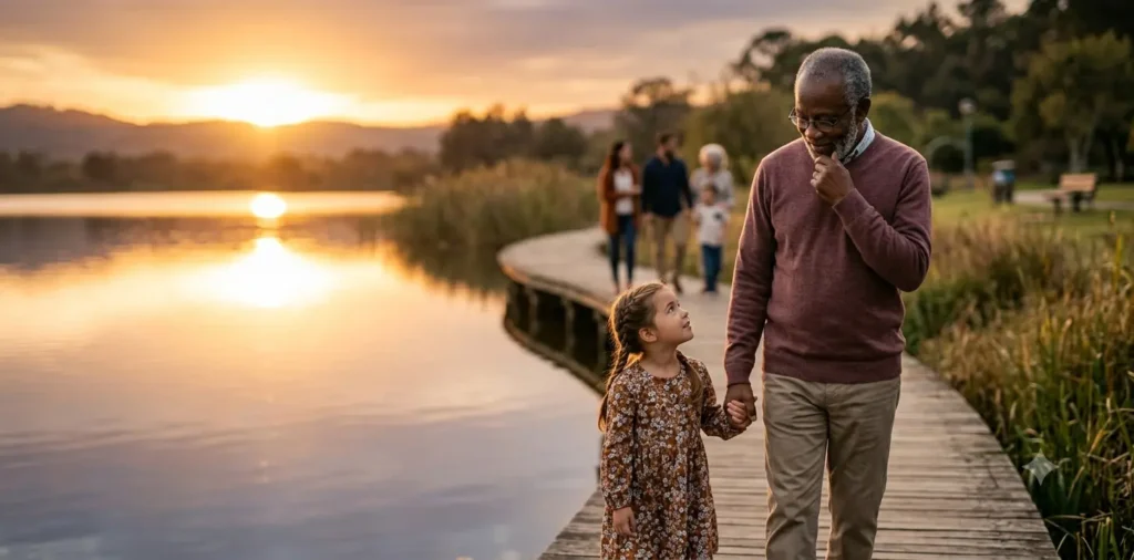 Grandparent holding child's hand at sunset