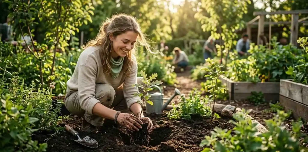 Woman holding plant in lush green eco garden