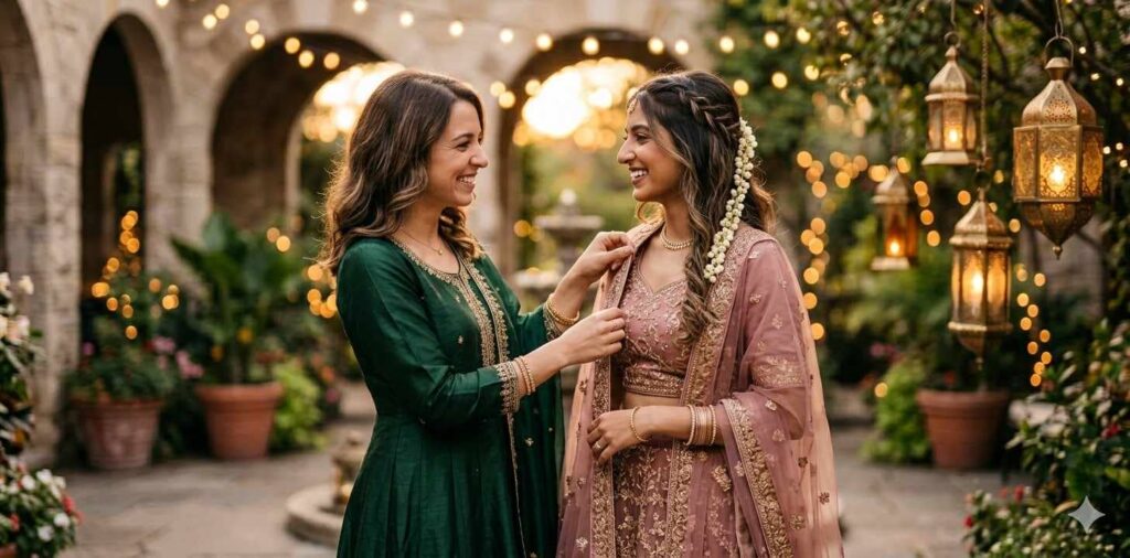 Two sisters celebrating Eid in traditional outfits