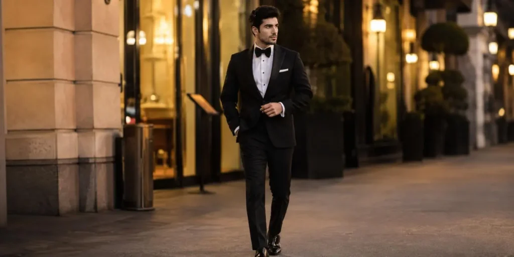 Woman showcasing elegant evening outfit outdoors