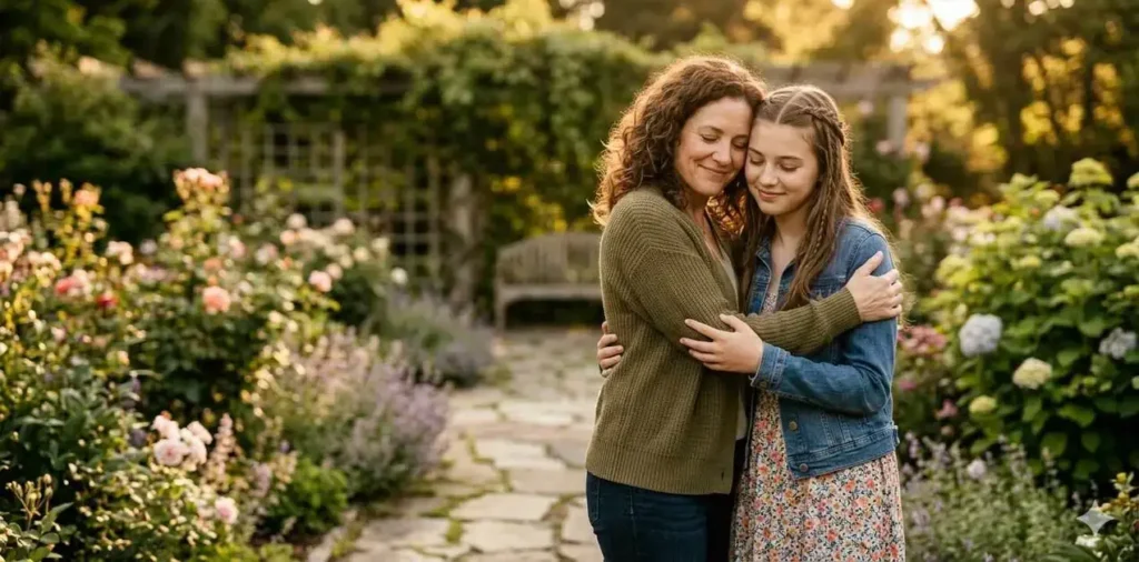 Aunt hugging her niece with affection