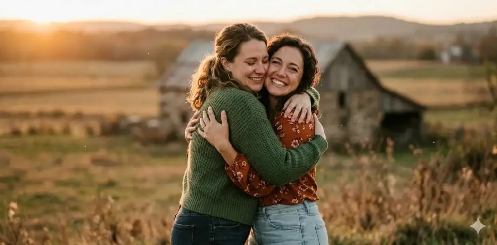 Cousins sharing a heartfelt hug outdoors