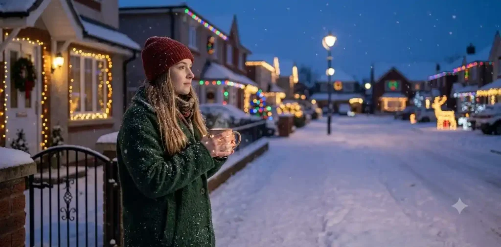 Woman reflecting beside glowing Christmas lights