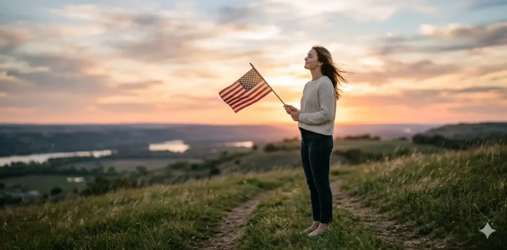 Person holding flag reflecting emotional patriotic moment