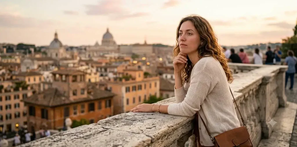 Woman reflecting on Rome city memories