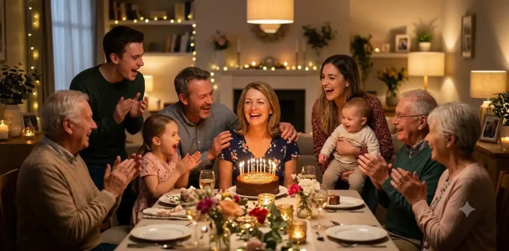 Family celebrating mom's birthday around the dinner table