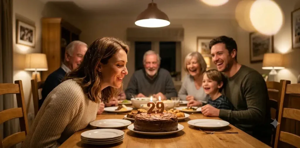 Family gathered around birthday cake indoors