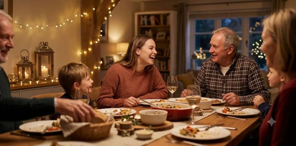 Family laughing together during cozy dinner celebration