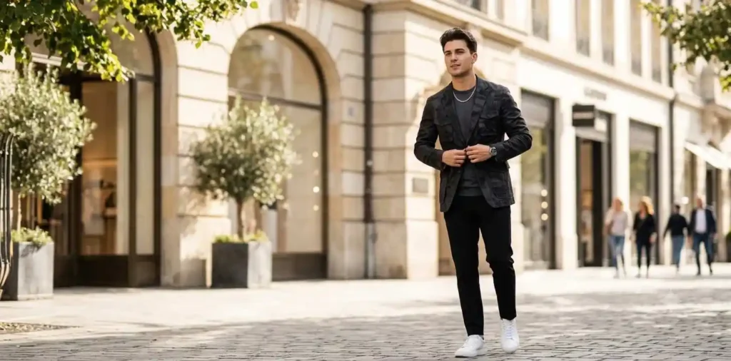 Stylish man adjusting jacket on city street