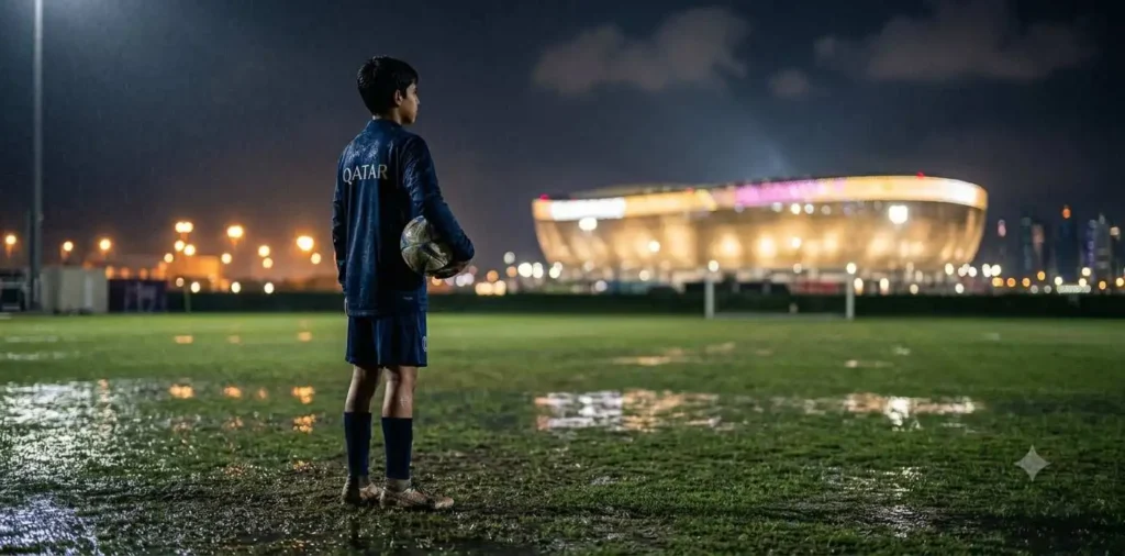 Young footballer dreaming of stadium success at night