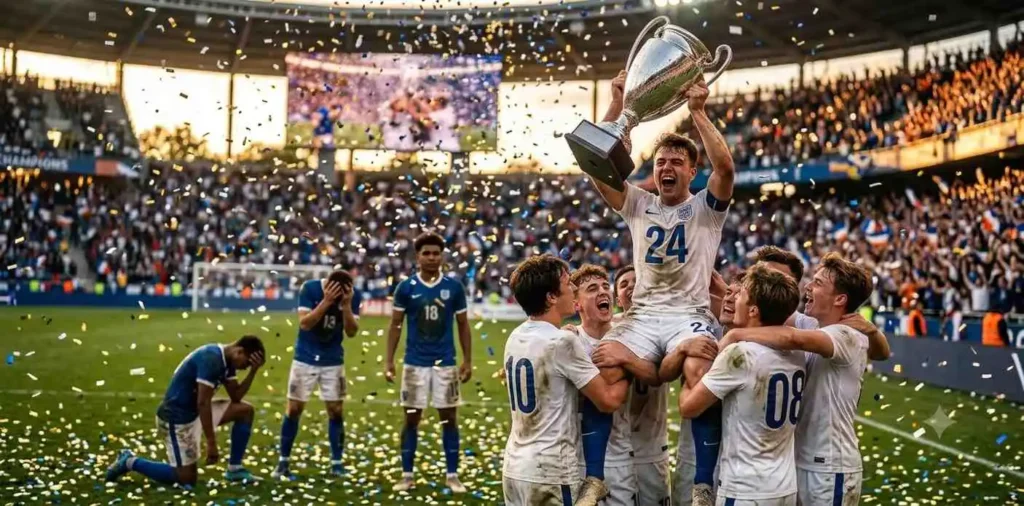Football players celebrating with a championship trophy