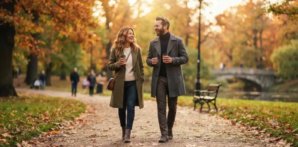Couple laughing during a park walk
