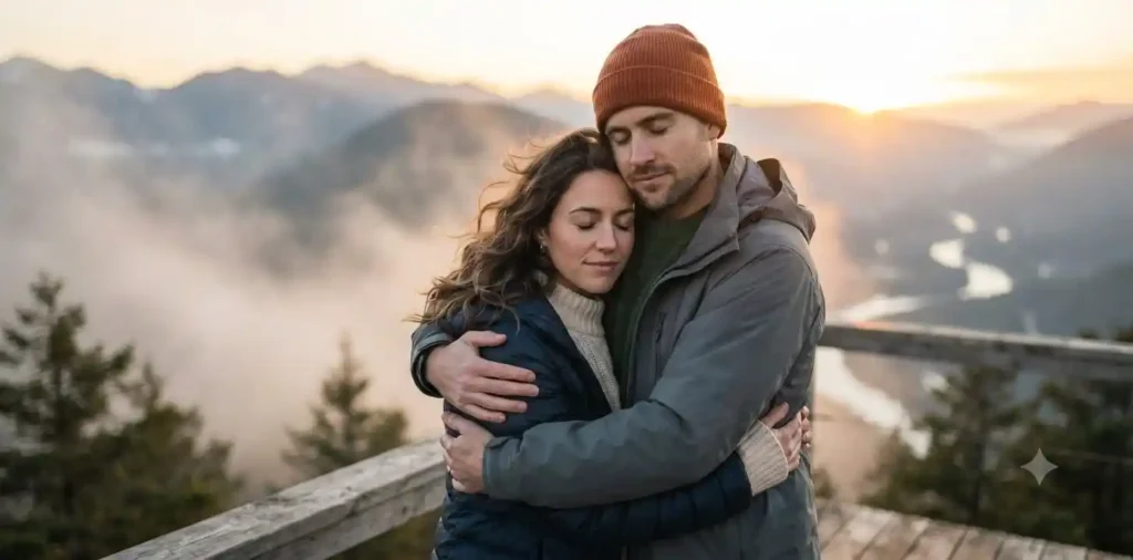 Couple embracing during a mountain sunrise