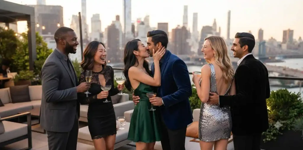 Friends celebrating at an elegant evening party