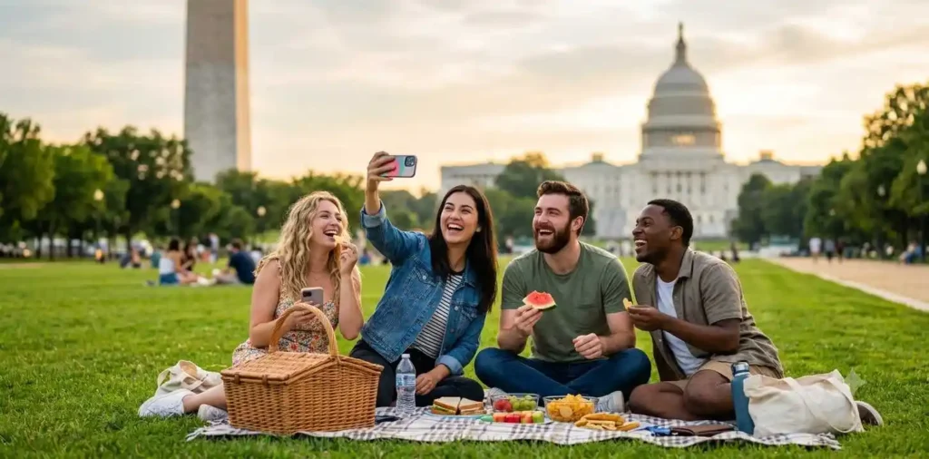 Friends laughing together near Washington monuments