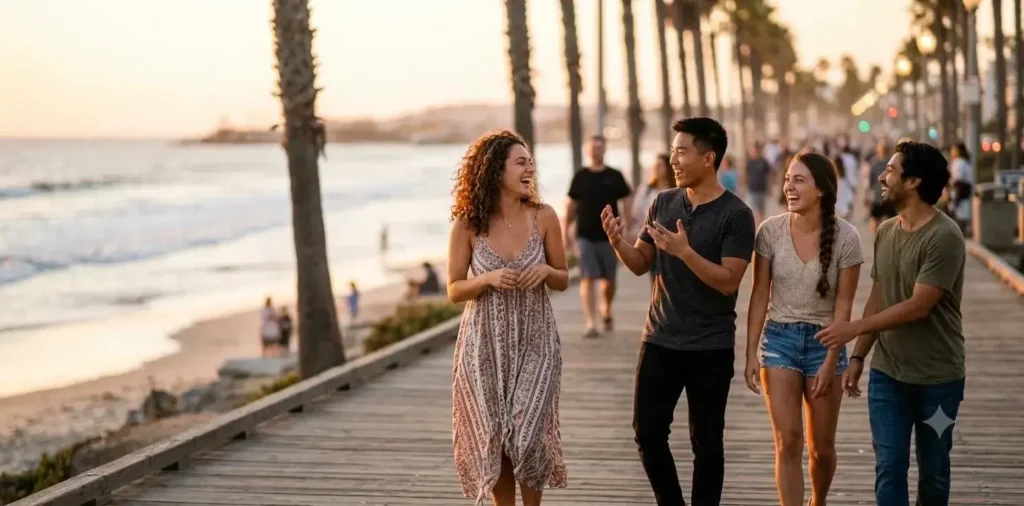 Friends laughing together near San Diego beach