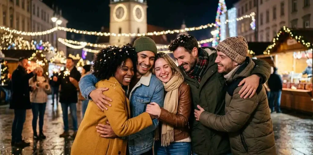 Friends hugging after New Year countdown