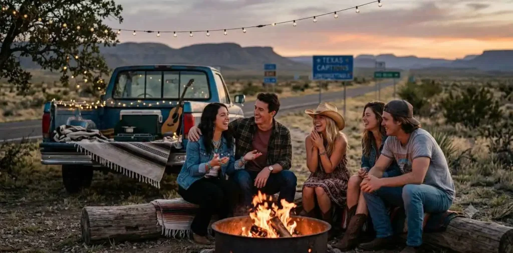 Group of friends laughing at Texas campsite