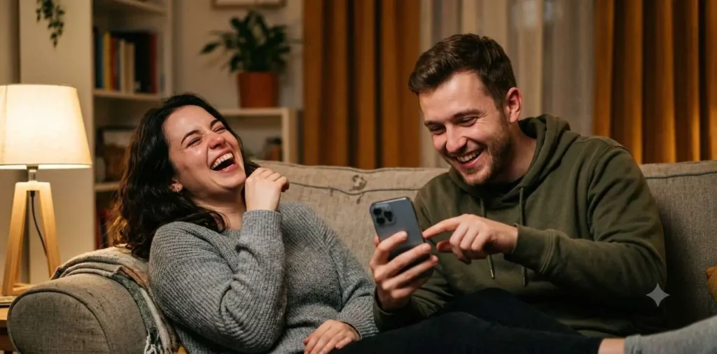 Friends laughing while watching funny phone content