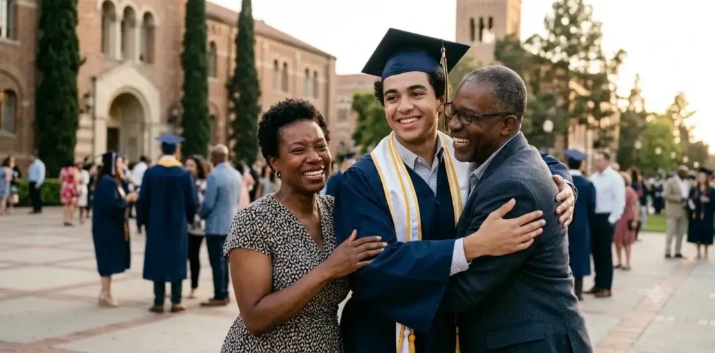 Proud parents celebrating son's graduation outdoors