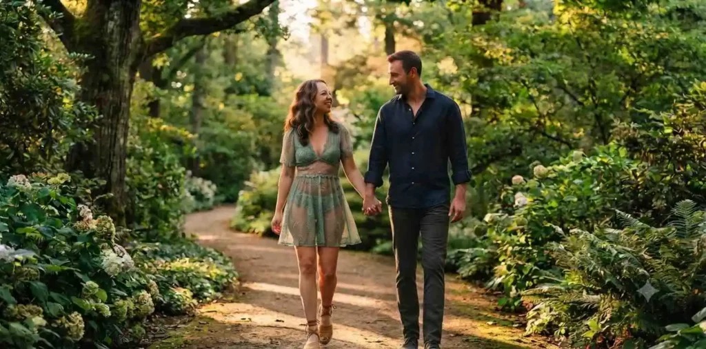 Couple walking through lush green park