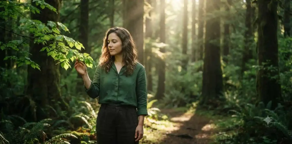 Woman enjoying peaceful forest scenery