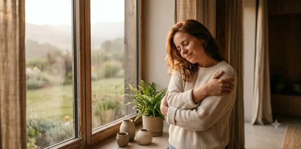 Woman embracing herself beside a sunlit window