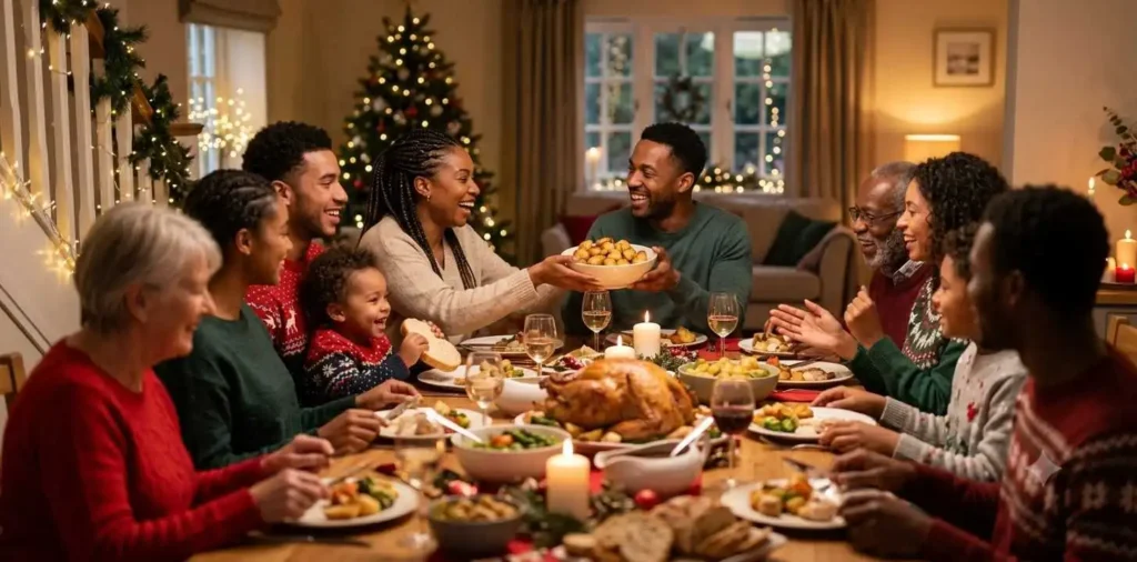 Family celebrating holidays around a dinner table