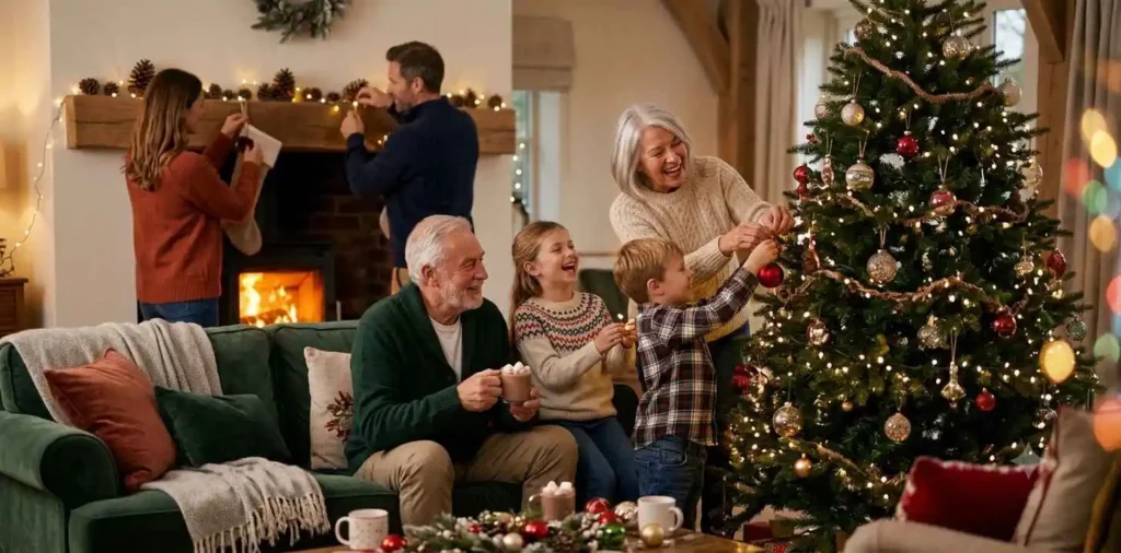 Family enjoying festive holiday celebration indoors